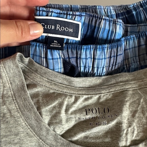 Polo by Ralph Lauren/ Club Room Pajama Set - Gray Top and Blue Plaid Shorts - Picture 2 of 5